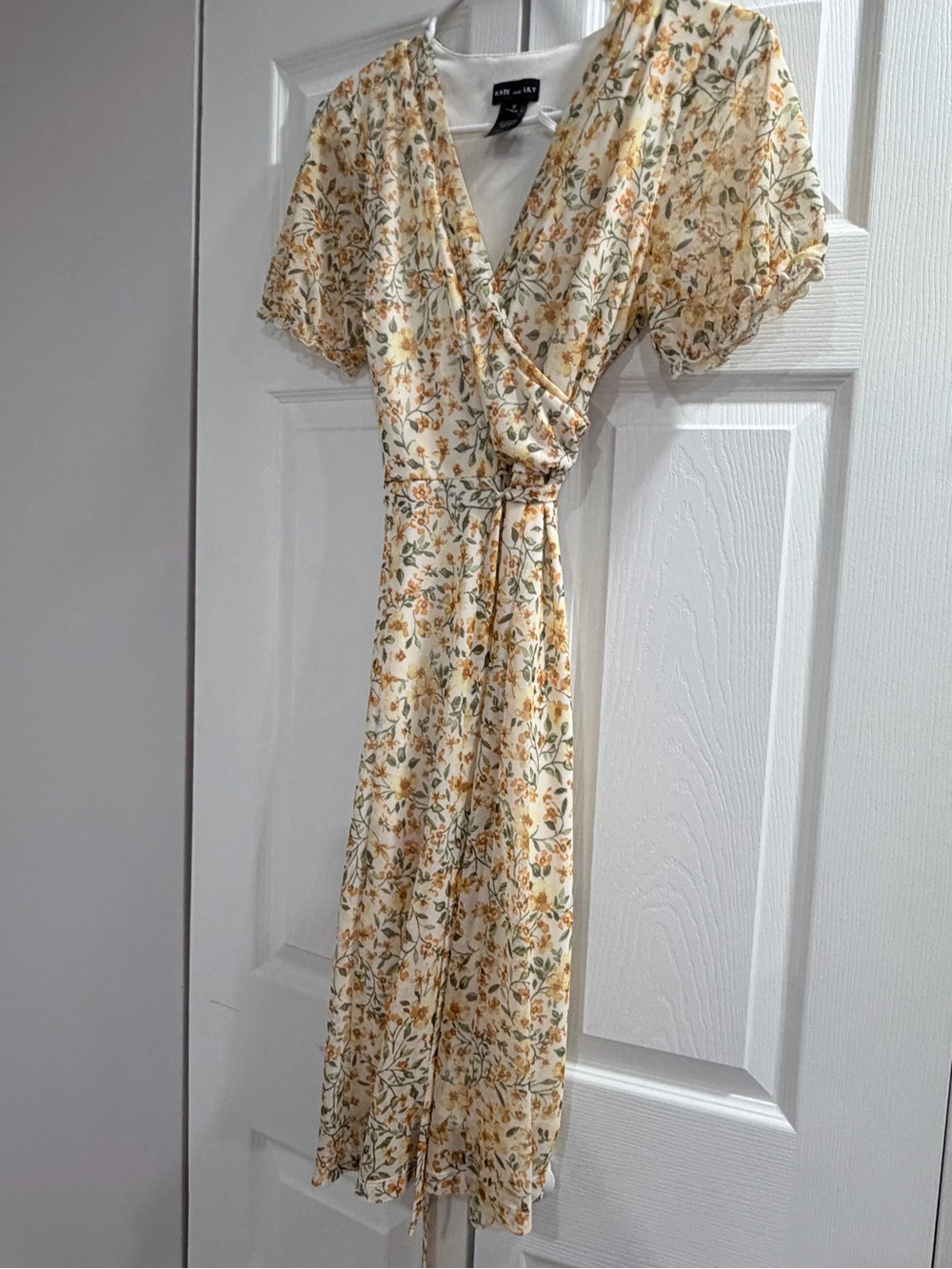 a new day Cream Floral Wrap Mini Dress with Yellow and Green Print